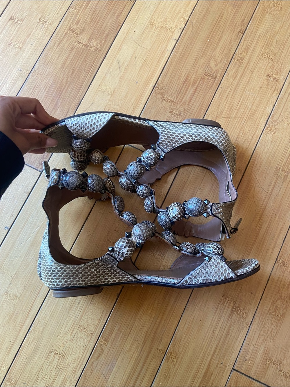 Alaia Beige Snake-Embossed Beaded Gladiator Sandals